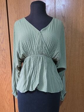 Mustard Seed Olive Green Wrap-Style Peplum Blouse